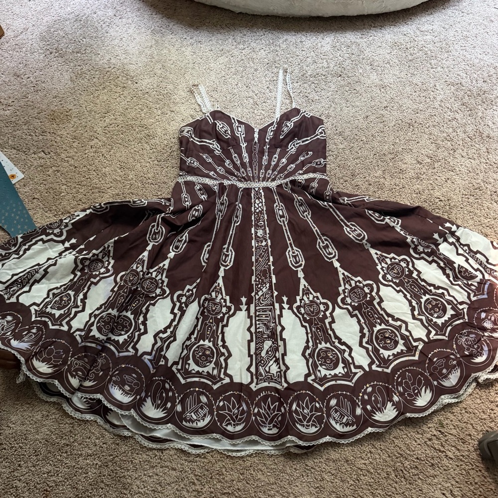 Vintage patterned brown whimsigoth midi dress